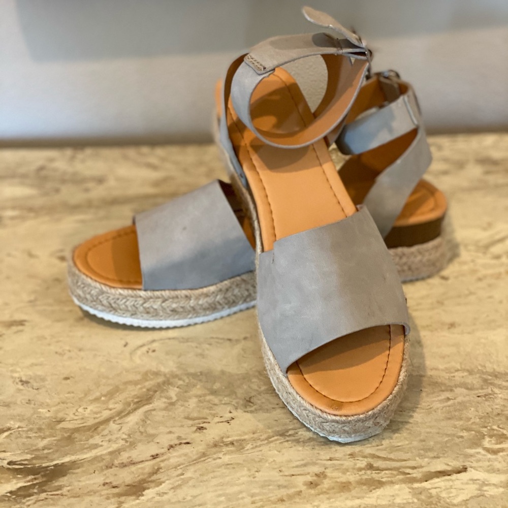 Gray Ankle Wrap Sandal on 1” Platform Sole